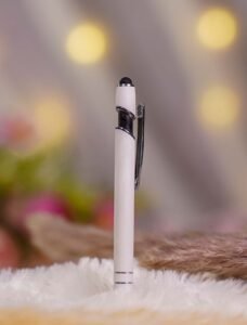 White stylus metal Nikkah pen showing the black touchscreen stylus tip