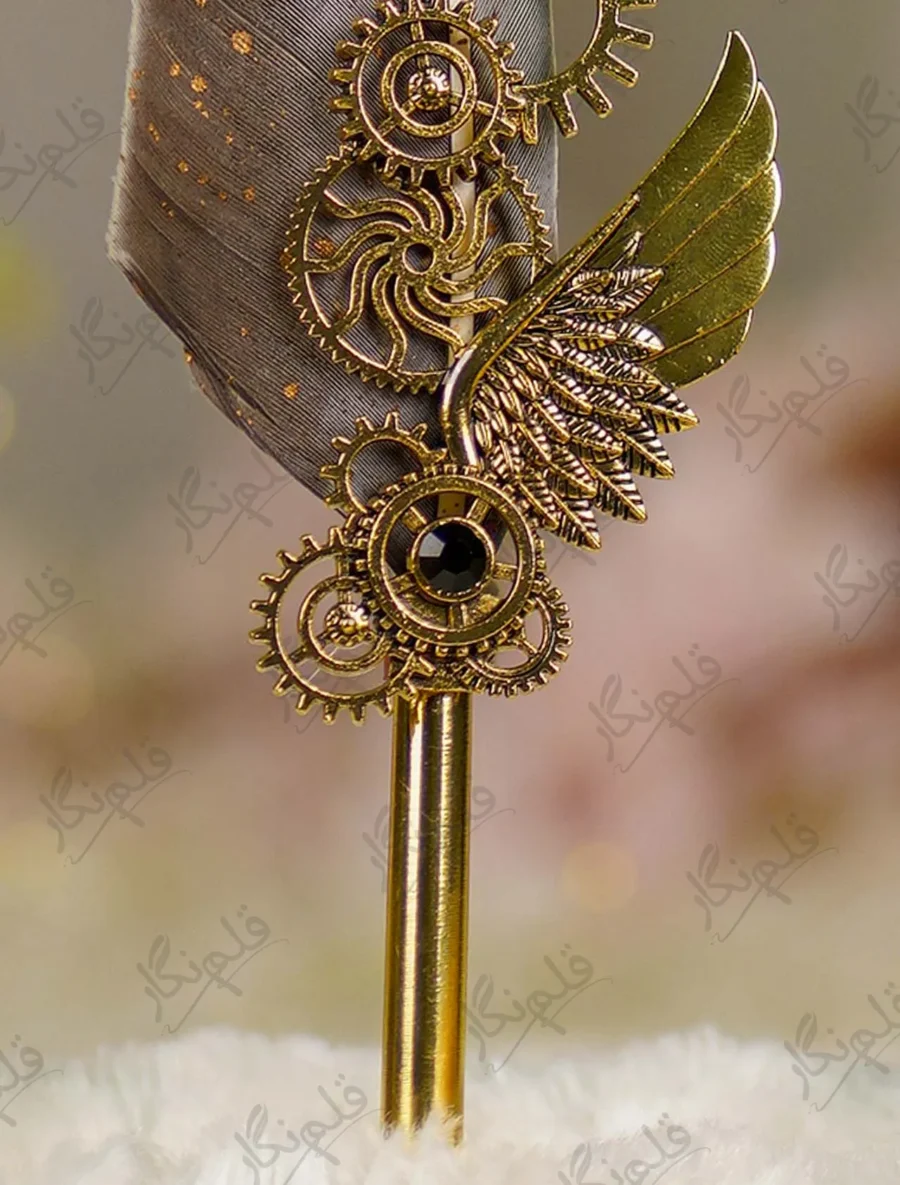 Full length view of the Gold Wing Steampunk Feather Nikkah Pen