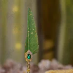 Antique Gold Green Quill Nikkah Pen with Emerald Gemstone