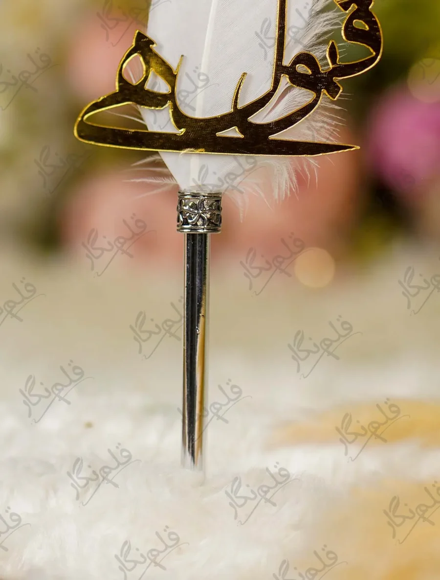 Detailed view of the silver crown collar at the base of the white feather on the chrome pen