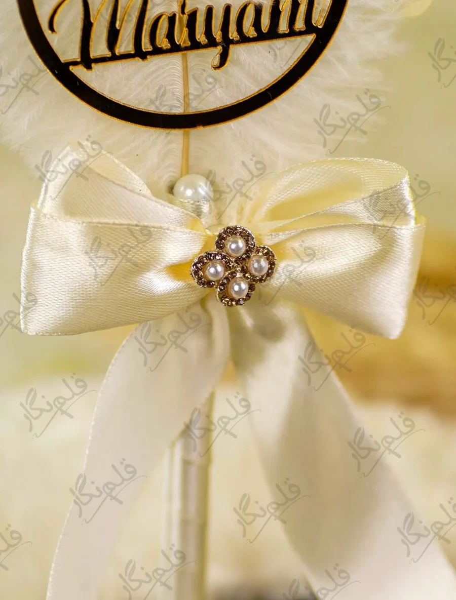 Customized version showing circular gold acrylic couple name circle on the feather
