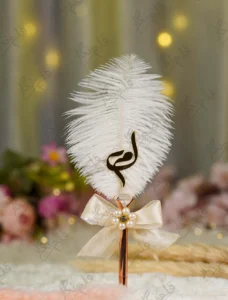 Rose gold diamond Nikkah pen with white feather and cream bow