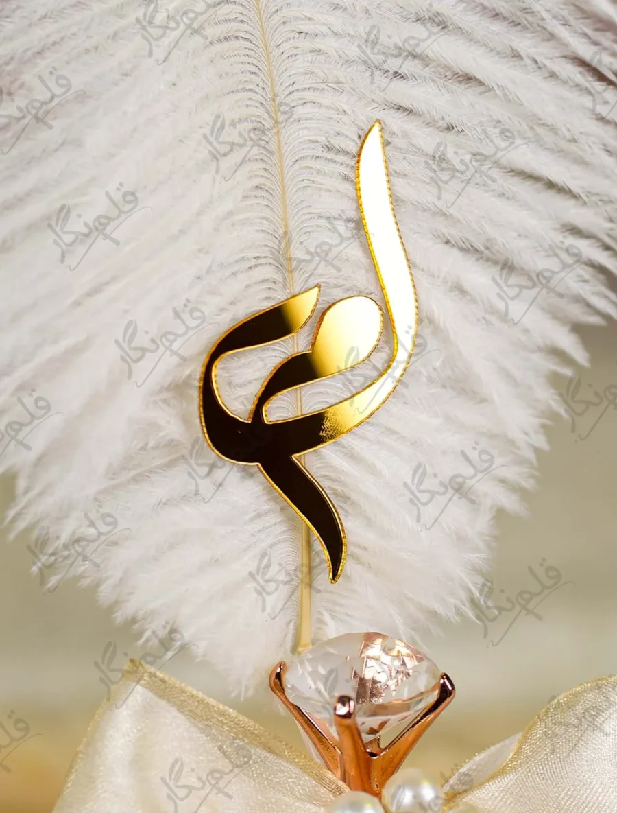 White feather showing detailed gold acrylic calligraphy close up