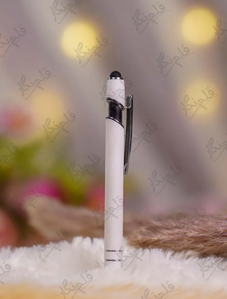 White stylus metal Nikkah pen showing the black touchscreen stylus tip
