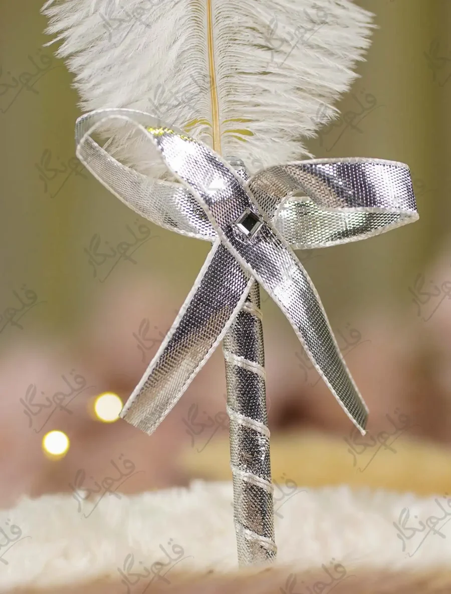 Close up of the golden mirror acrylic custom couple nameplate on the feather