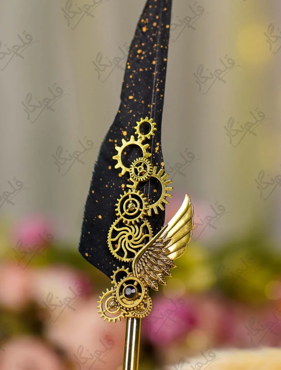 Full length view of Black Gold Splatter Steampunk Feather Nikkah Pen with gold metal handle