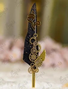 Black feather Nikkah pen featuring a gold mirror acrylic Bismillah calligraphy cutout at the top
