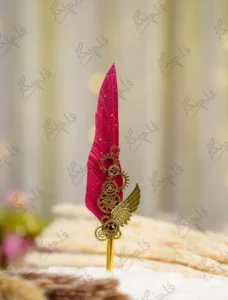 Red feather Nikkah pen with gold splatters and interlocking gold steampunk gears