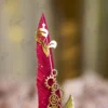 Full length view of Red Gold Splatter Steampunk Feather Nikkah Pen with gold metal handle