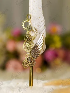 White feather Nikkah pen with gold splatters and interlocking gold steampunk gears