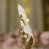 Full length view of White Gold Splatter Steampunk Feather Nikkah Pen with gold metal handle