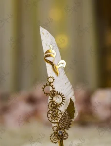 Full length view of White Gold Splatter Steampunk Feather Nikkah Pen with gold metal handle