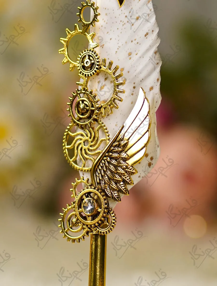 Elegant steampunk Nikkah signing pen displaying gold gears against a soft background