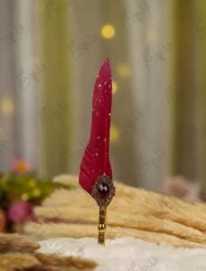 Gold steampunk Nikkah pen with red feather and large red crystal gem