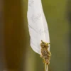 Detailed shot of the intricate gold feathers of the owl design