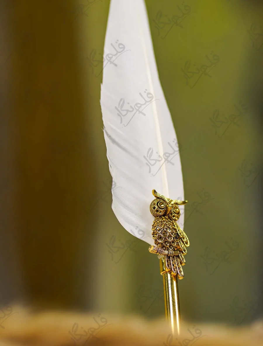 Detailed shot of the intricate gold feathers of the owl design