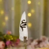Front view showing the gold mirror acrylic Urdu monogram on the feather
