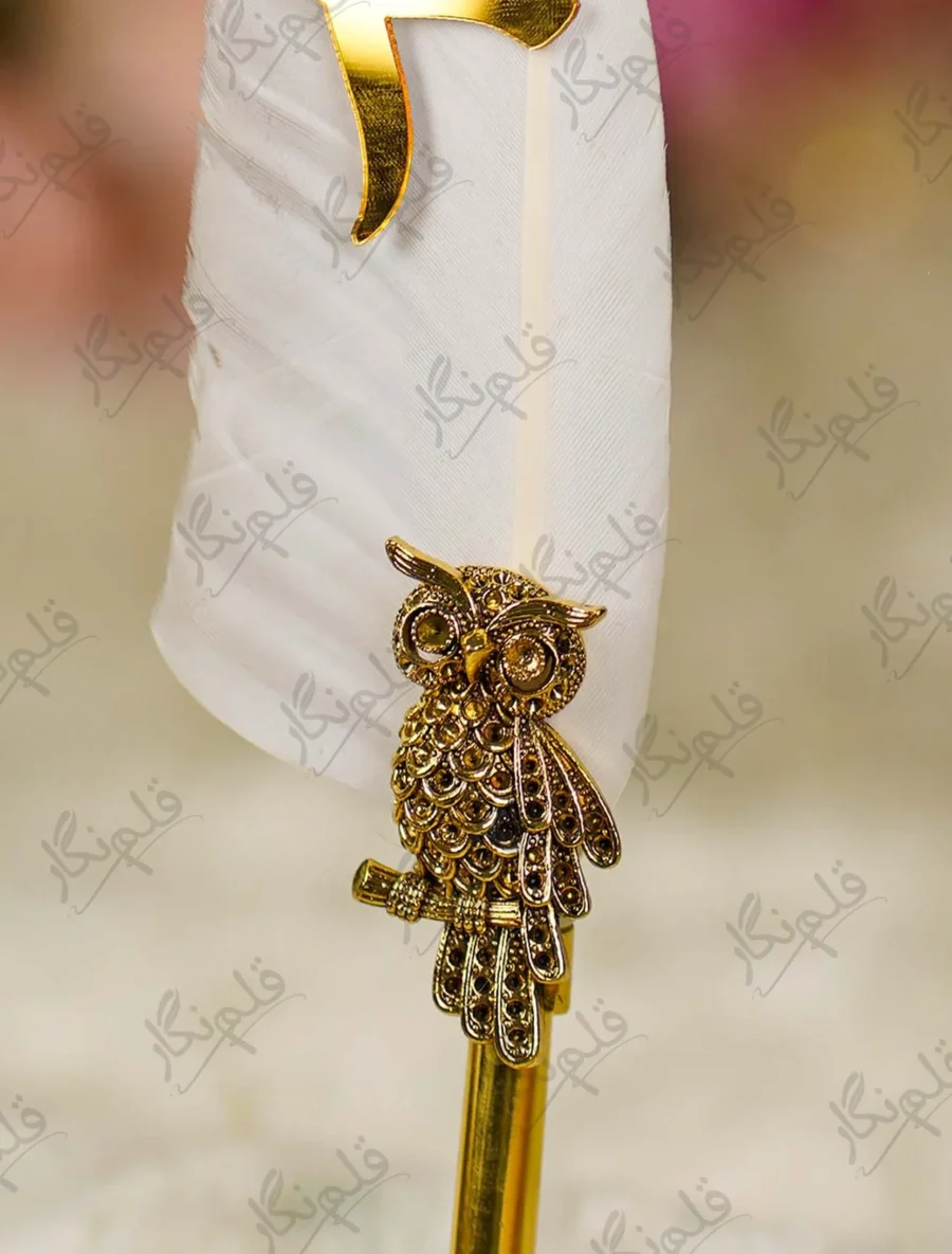 High angle view of the golden owl sculpture showing rhinestone eyes