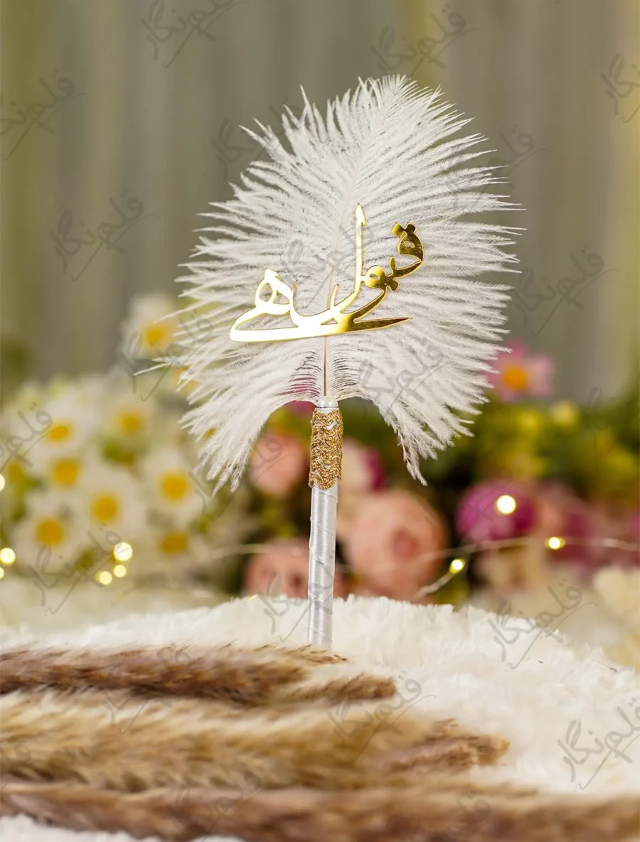 Detailed close up of Urdu Qabool Hai script cutout on white feather signing pen