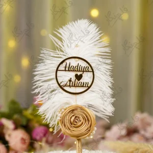 Handmade white feather Nikkah pen with gold satin rose and pearls