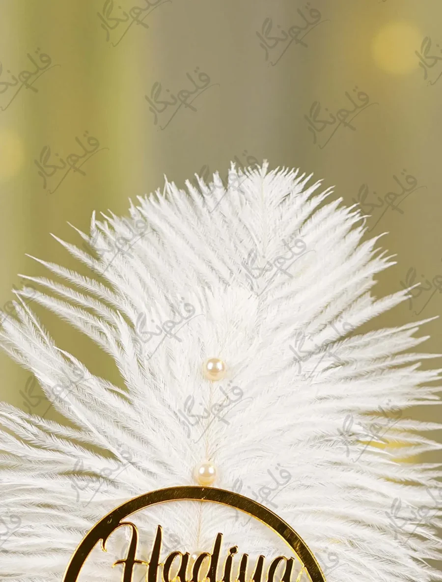 High angle close up of the white feather showing the two pearl accents on the shaft