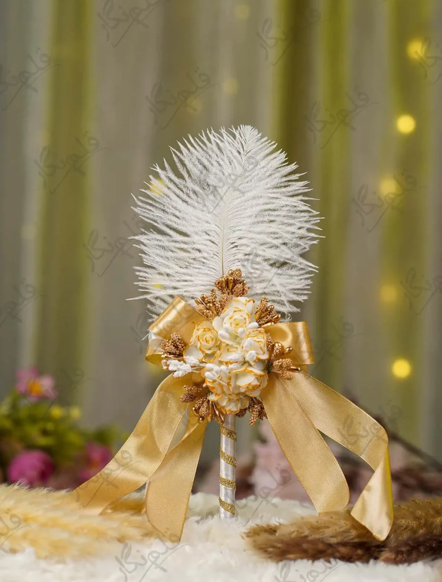 Gold ribbon Nikkah pen with white ostrich feather and gold bow