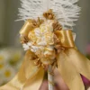 Fluffy white ostrich feather rising behind the golden rose cluster