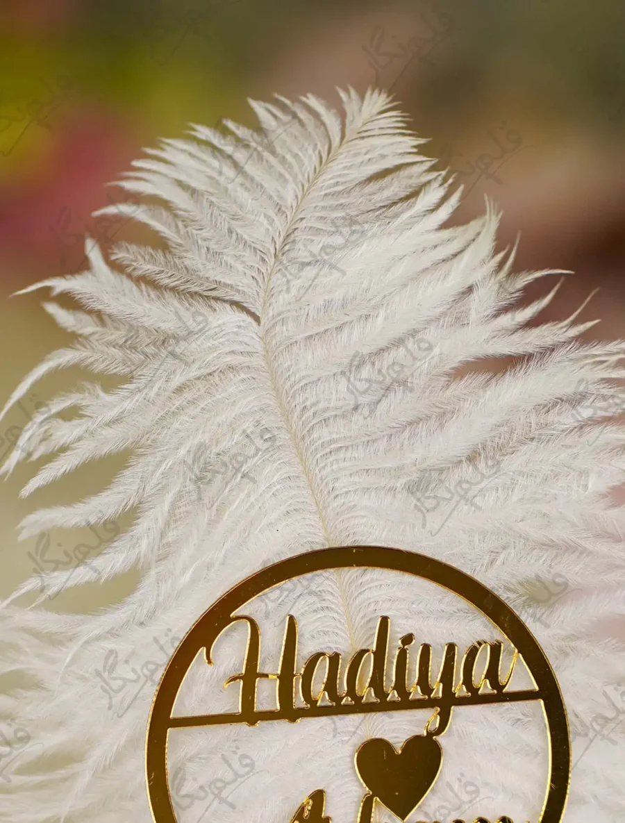 Close up of the gold mirror acrylic Qabool Hai calligraphy script on the feather