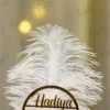 Close up of the gold mirror acrylic Qabool Hai calligraphy script on the feather