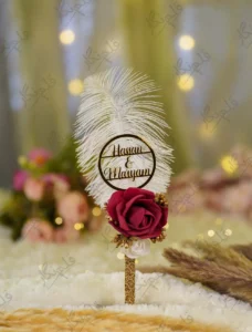 Handmade white feather Nikkah pen with a maroon rose and gold lace handle