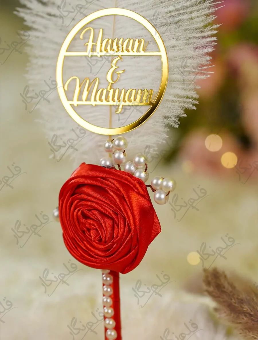 Close up of the couple name circle above the red rose on the white feather pen