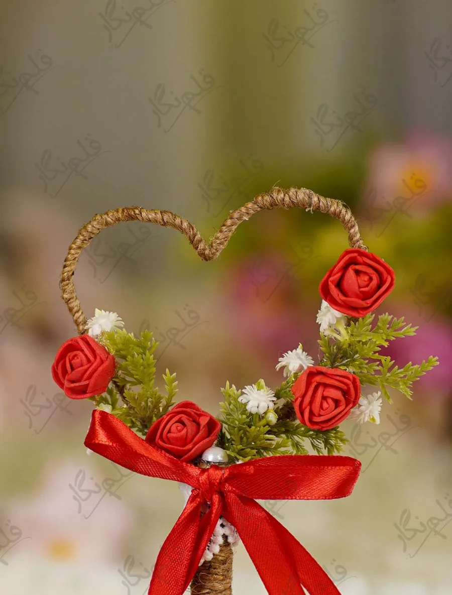Front view of the complete Rustic Jute Heart Red Floral Nikkah Pen