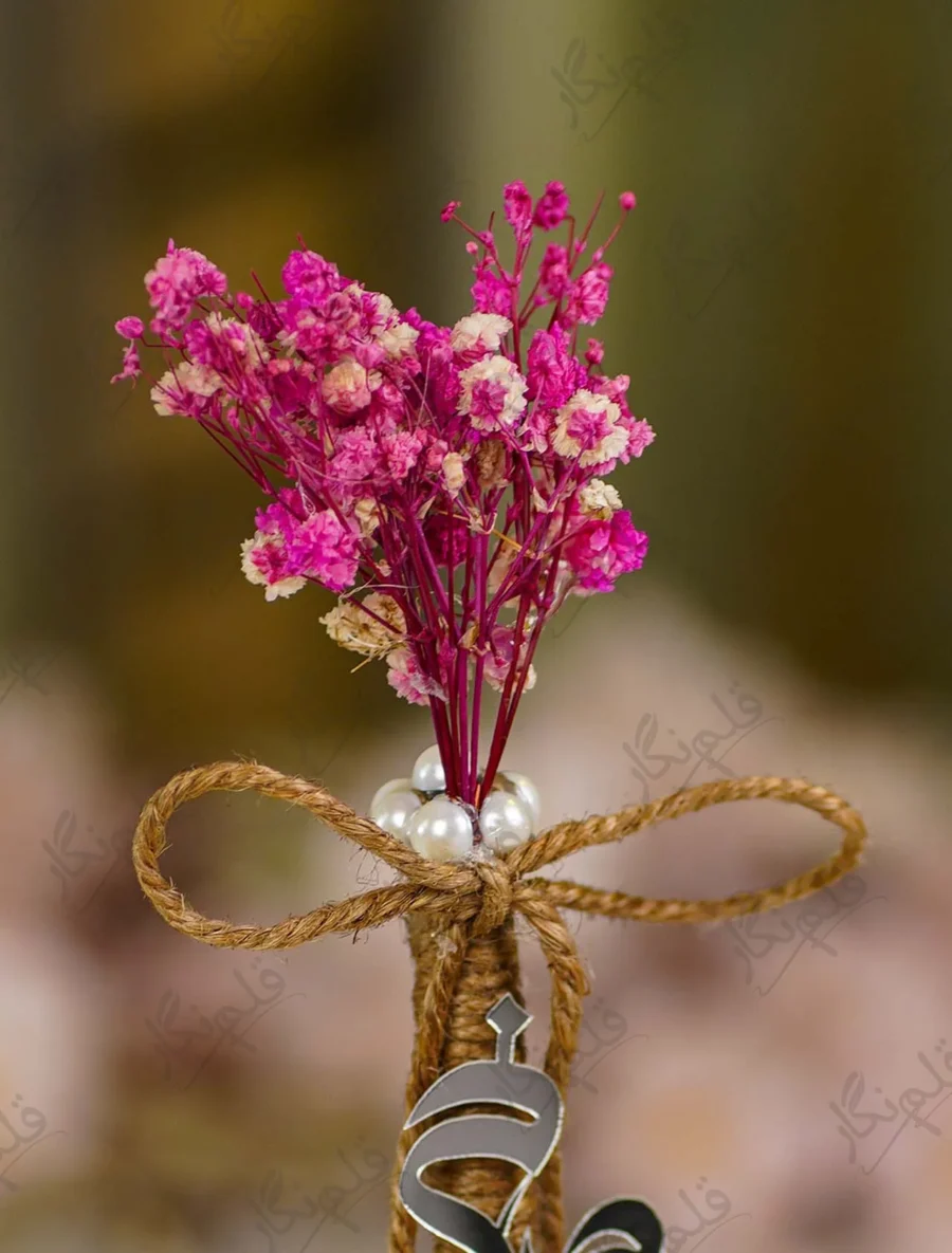 Detailed shot of the dried purple gypsophila flowers and pearl collar