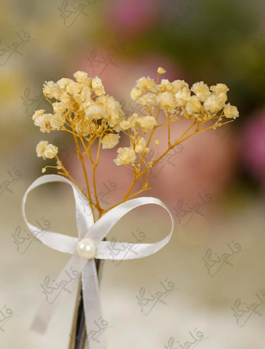 High angle close up showing the white ribbon bow and silver metal handle details