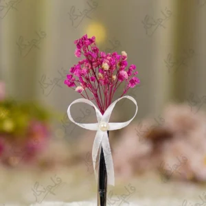 Silver metal Nikkah pen with dried pink baby's breath flowers and white ribbon