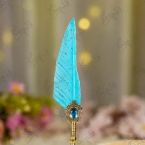 Imported gold metal Nikkah pen with a gold-splattered turquoise feather