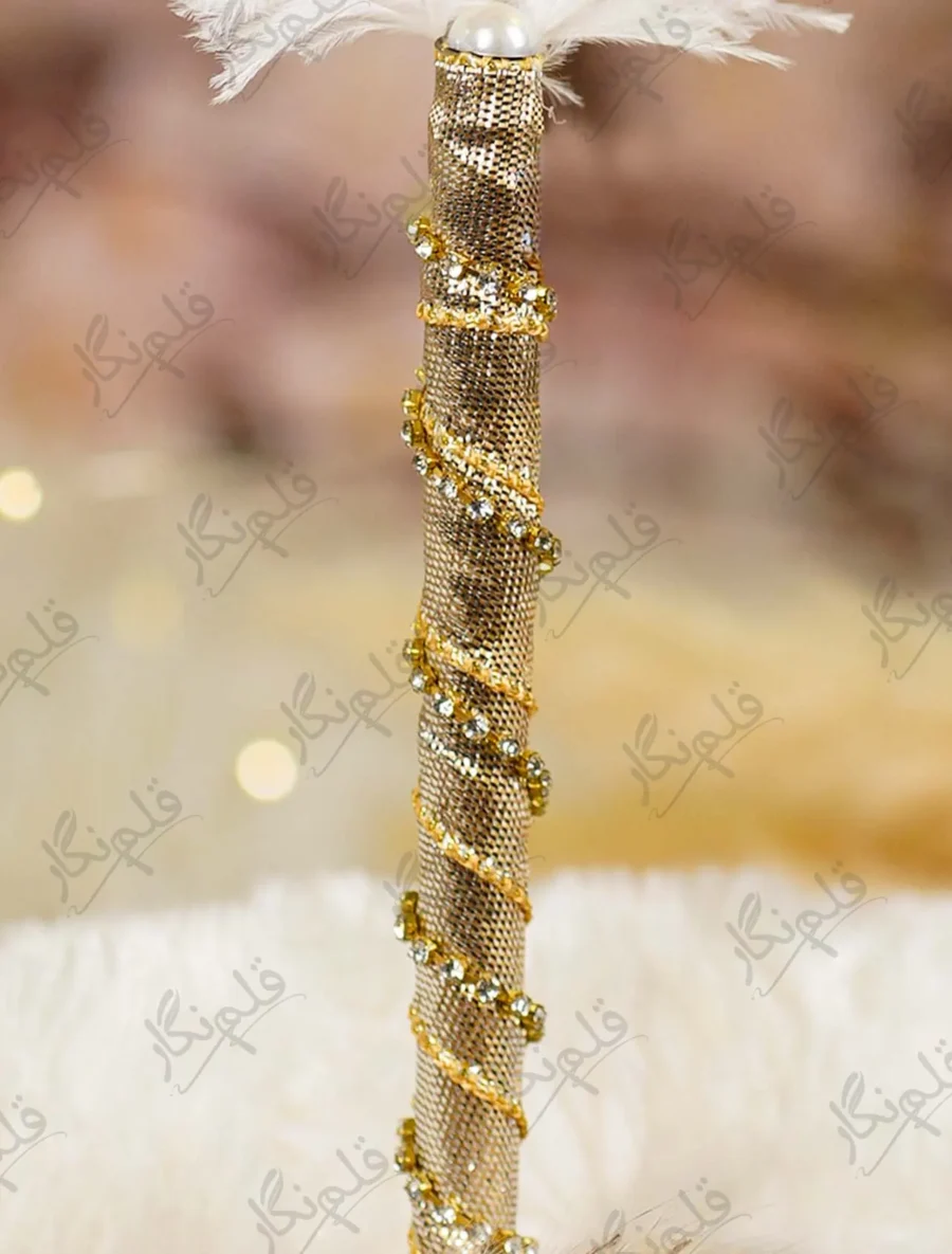 Full length view of the Striped Gold Silver White Feather Nikkah Pen