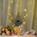 Handmade peacock feather Nikkah pen with gold satin rose and pearls