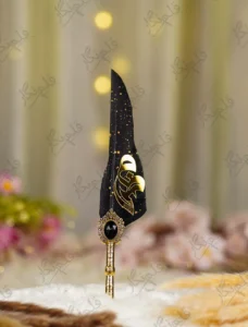 Detailed shot of the gold mirror nameplate on black feather
