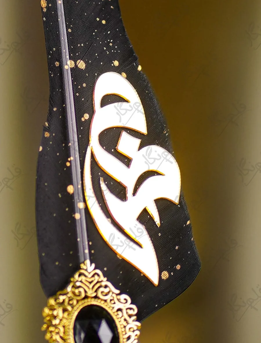 Upper half of the black feather showing gold dust paint splatters