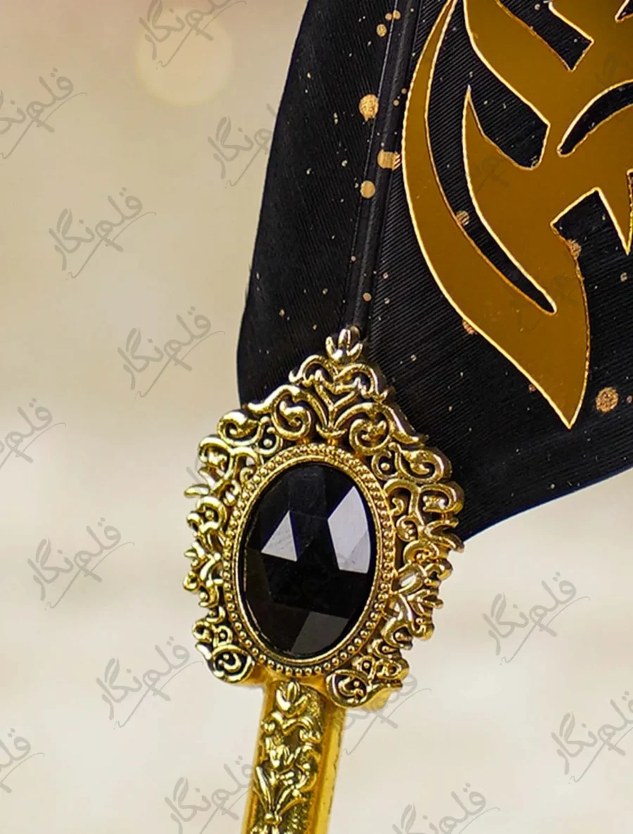 Faceted black gemstone in an ornate gold frame detail