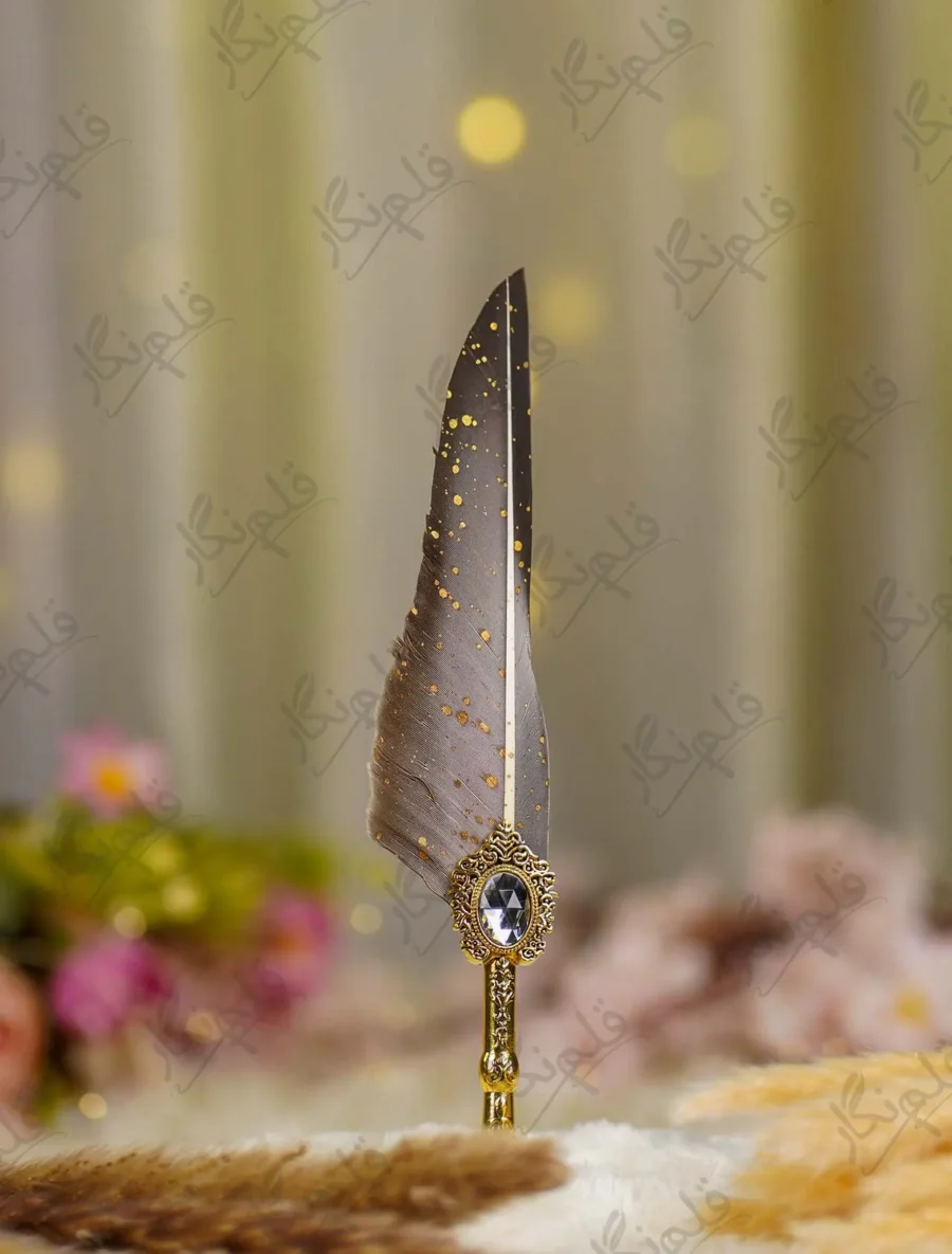 Grey feather steampunk Nikkah dip pen with gold splatters and ornate handle
