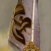 Upper half of the grey gold feather showcasing natural texture and gold splatters