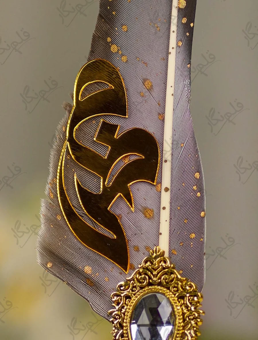 Upper half of the grey gold feather showcasing natural texture and gold splatters
