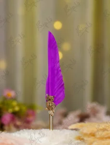 Purple feather steampunk Nikkah dip pen with ornate owl emblem and gold stem
