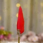 Red feather steampunk Nikkah dip pen with ornate owl emblem and gold stem