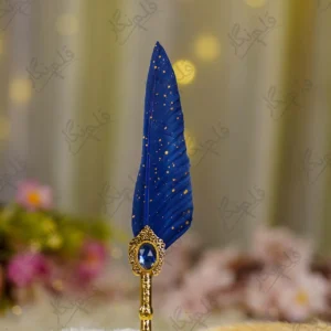 Imported gold metal Nikkah pen with a gold-splattered royal blue feather