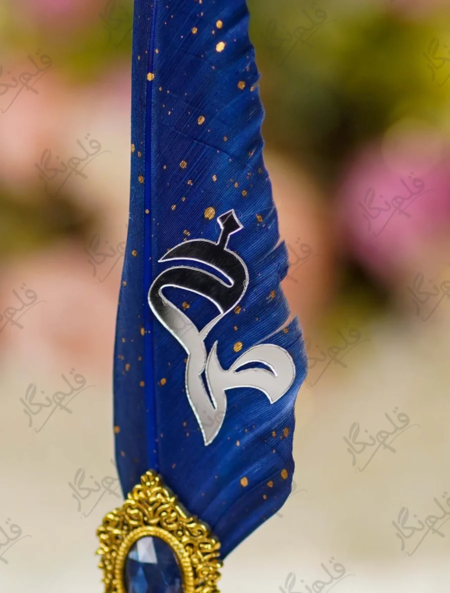 Detailed close up of the gold splatters on the royal blue quill feather