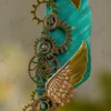 Golden metal gears, wheels, and wing details close up