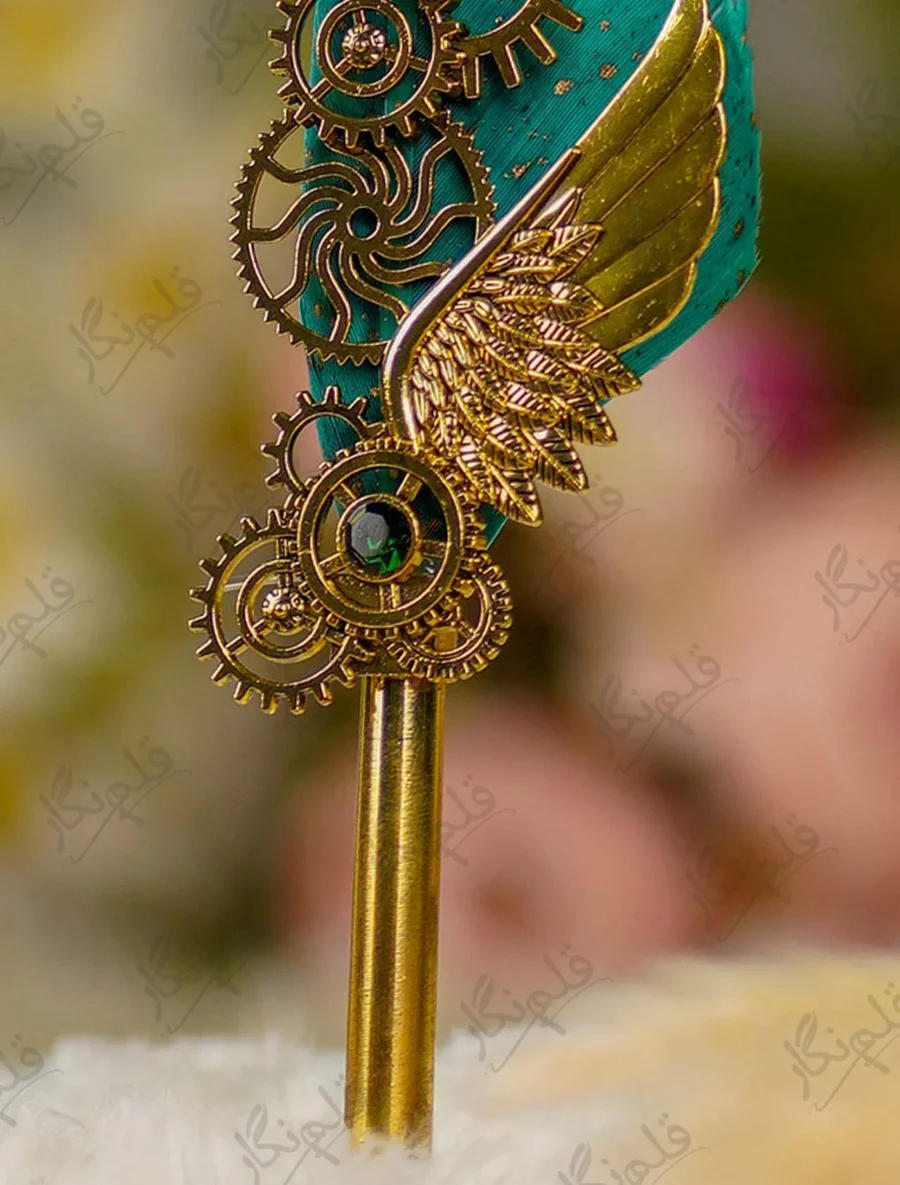 Upper tip of the teal quill feather close up showing gold splatters